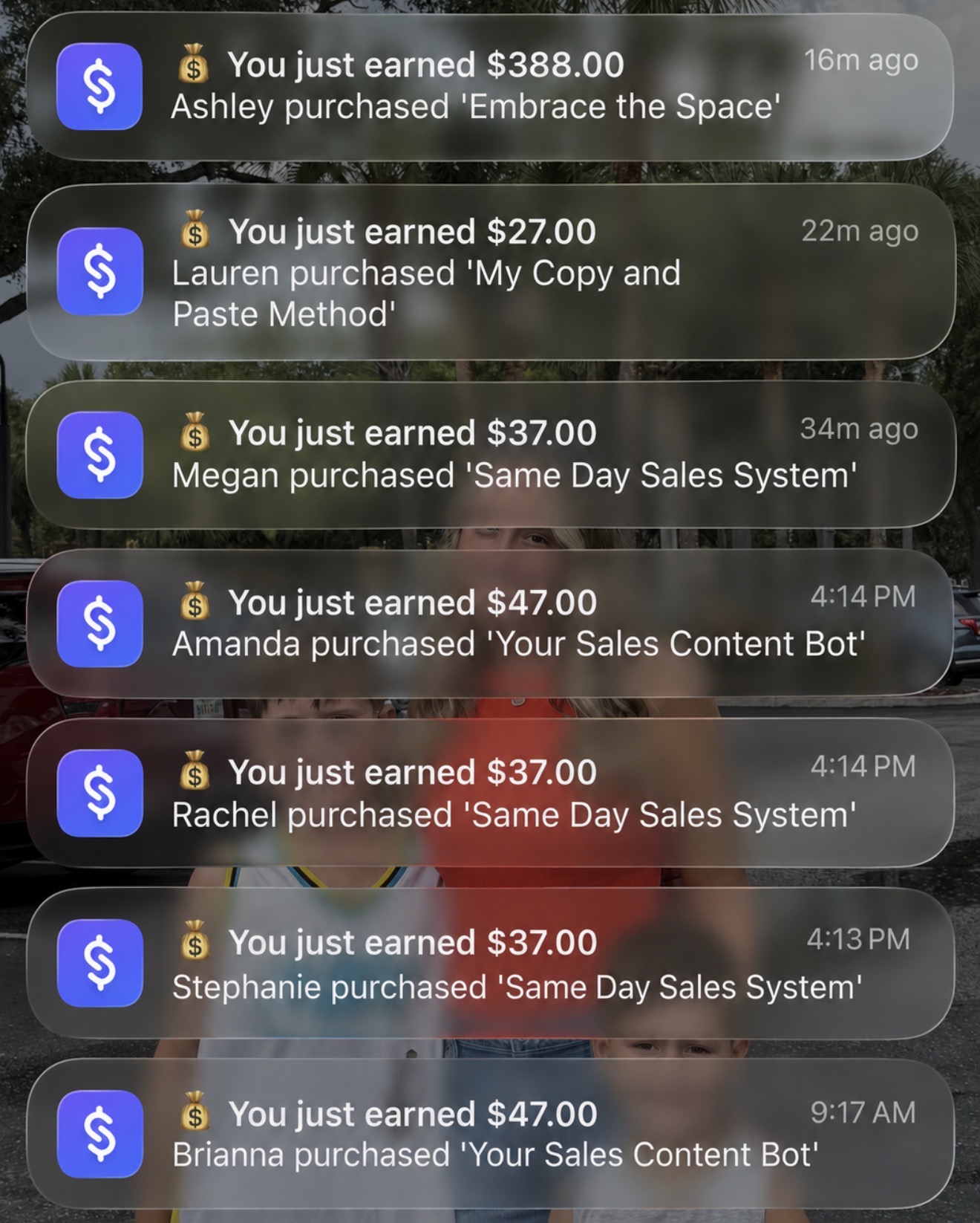 Phone notifications showing multiple sales: $388, $47 and $37 payments received
