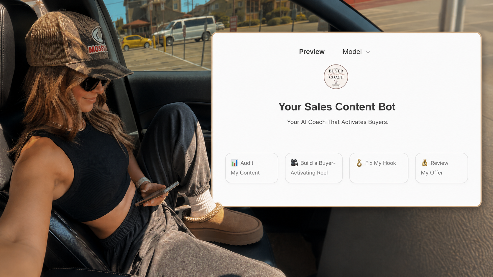 Preview of Your Sales Content Bot with options to audit content, build a buyer-activating reel, fix your hook and review your offer